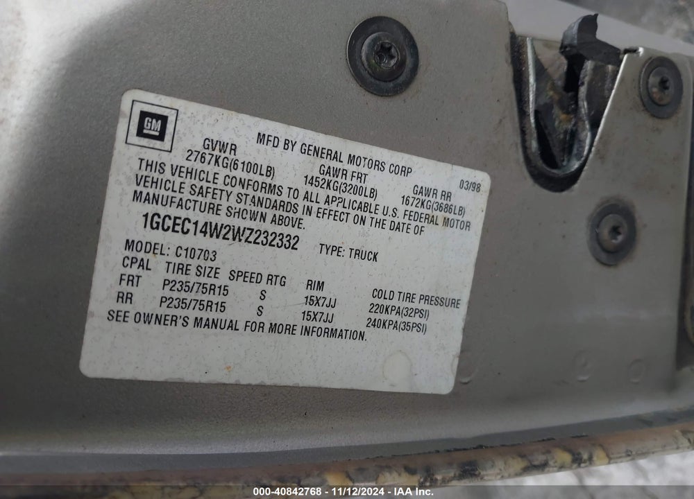 1998 CHEVROLET C1500 FLEETSIDE W/T VIN: 1GCEC14W2WZ232332