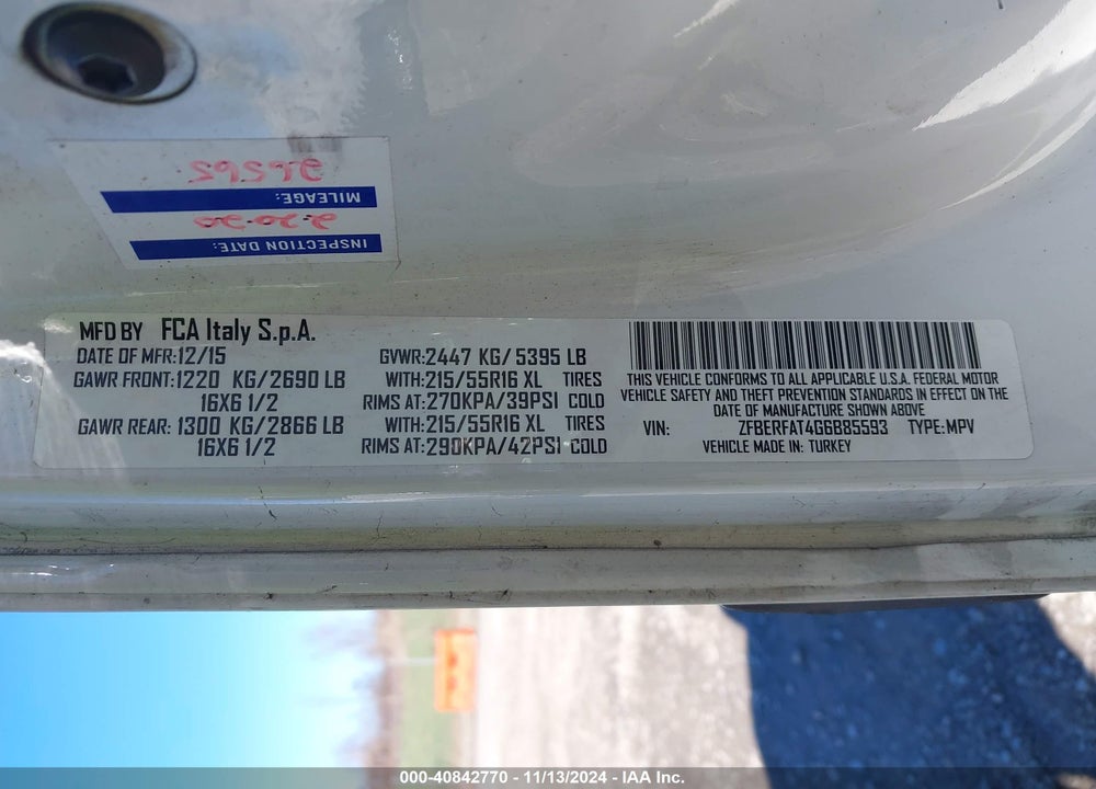 2016 RAM PROMASTER CITY TRADESMAN VIN: ZFBERFAT4G6B85593