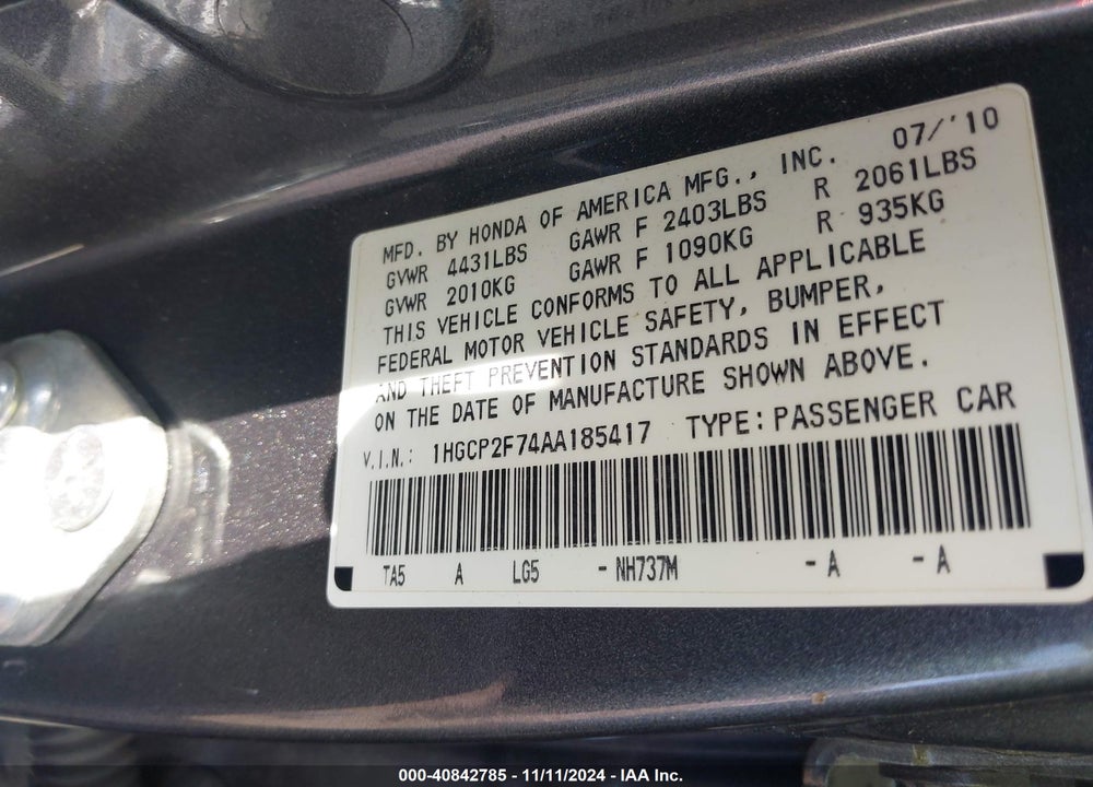 2010 HONDA ACCORD 2.4 EX VIN: 1HGCP2F74AA185417