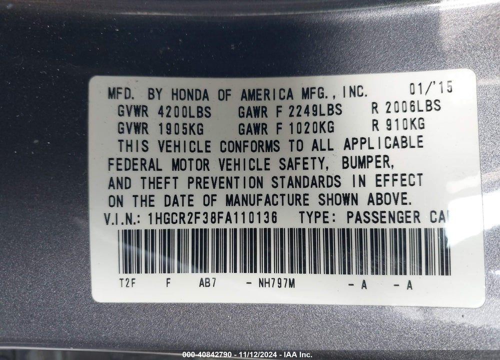 2015 HONDA ACCORD LX VIN: 1HGCR2F38FA110136
