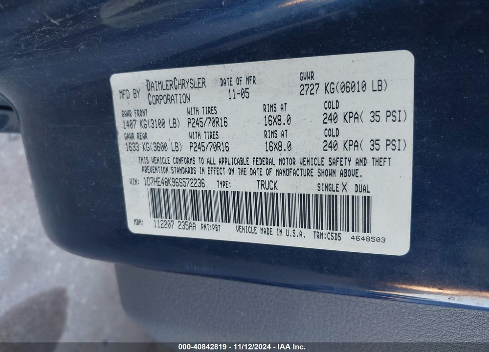 2006 DODGE DAKOTA SLT VIN: 1D7HE48K96S572236