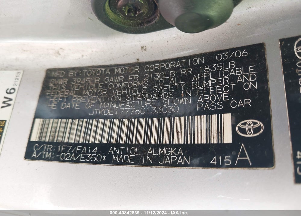 2006 SCION TC VIN: JTKDE177760133030