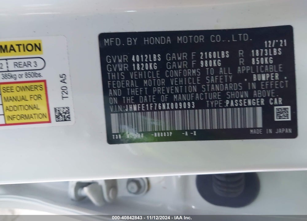2022 HONDA CIVIC VIN: JHMFE1F76NX009093