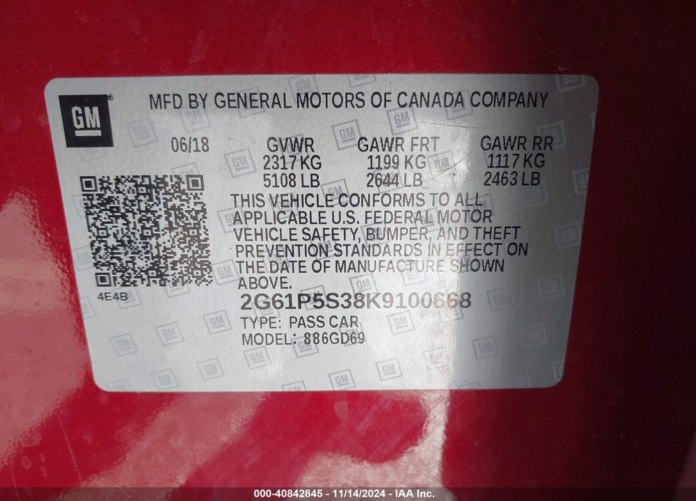 2019 CADILLAC XTS PREMIUM LUXURY VIN: 2G61P5S38K9100668
