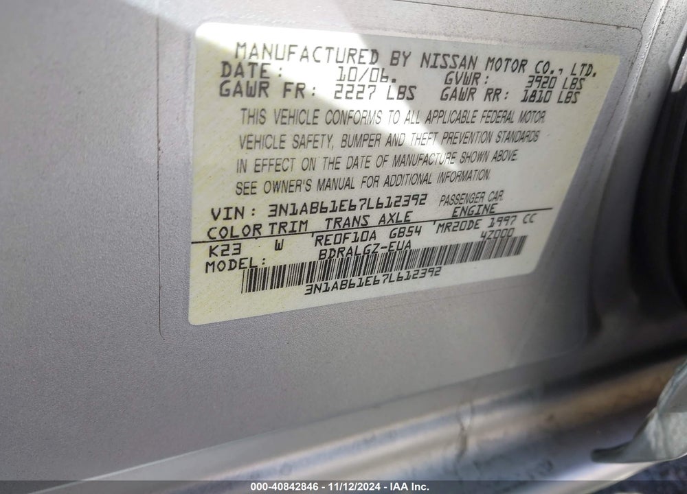 2007 NISSAN SENTRA 2.0SL VIN: 3N1AB61E67L612392