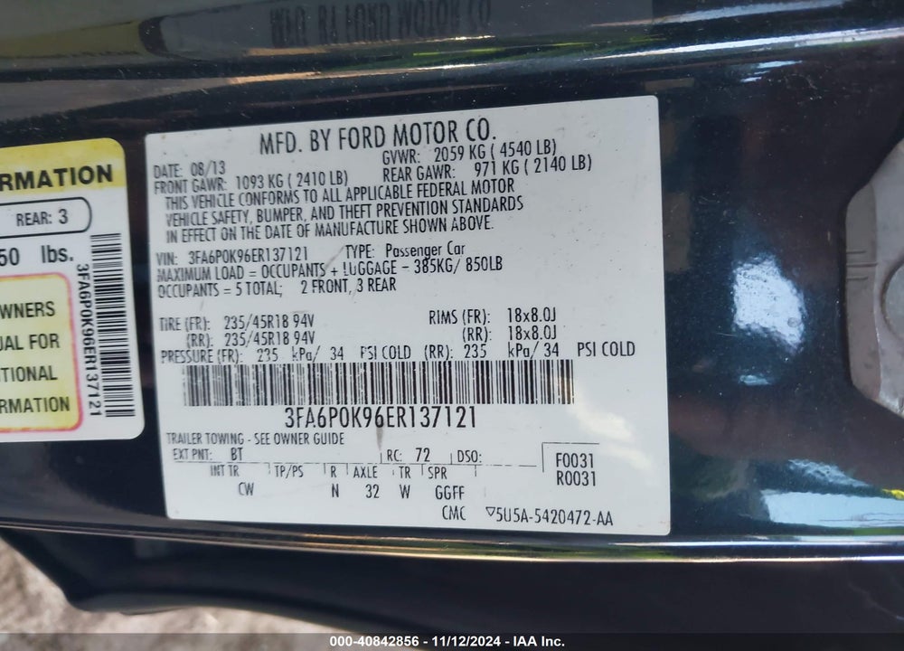 2014 FORD FUSION TITANIUM VIN: 3FA6P0K96ER137121