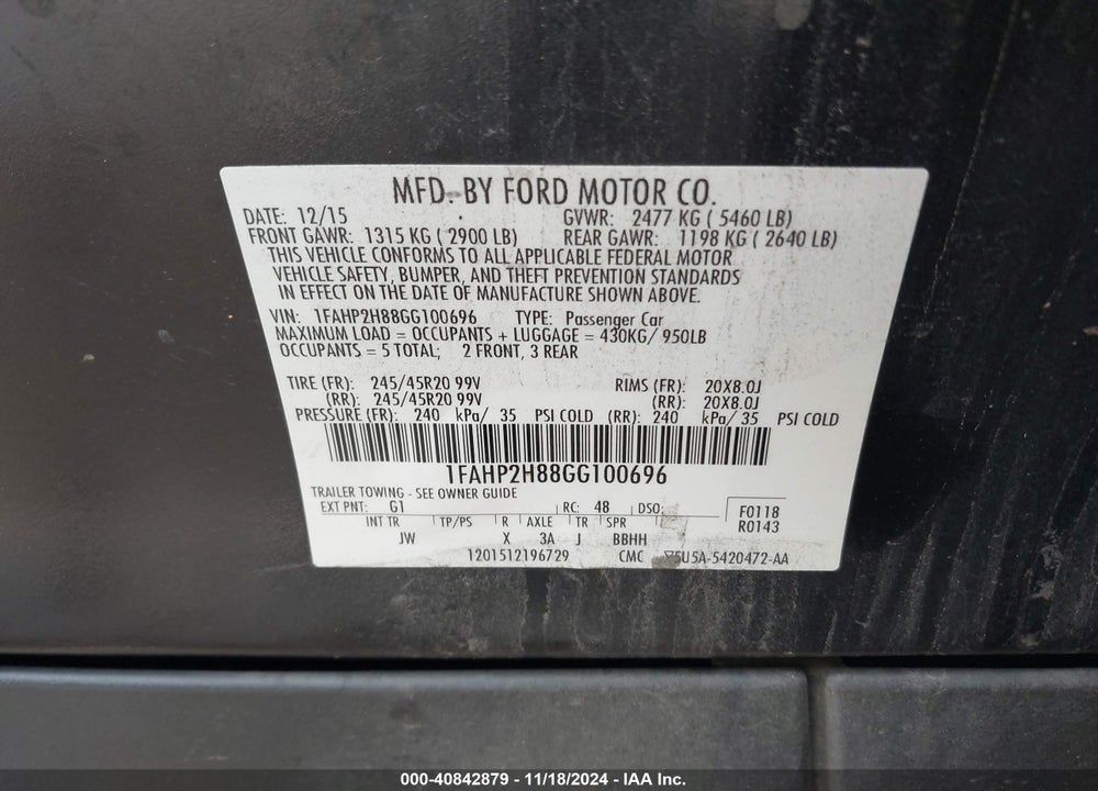 2016 FORD TAURUS SEL VIN: 1FAHP2H88GG100696