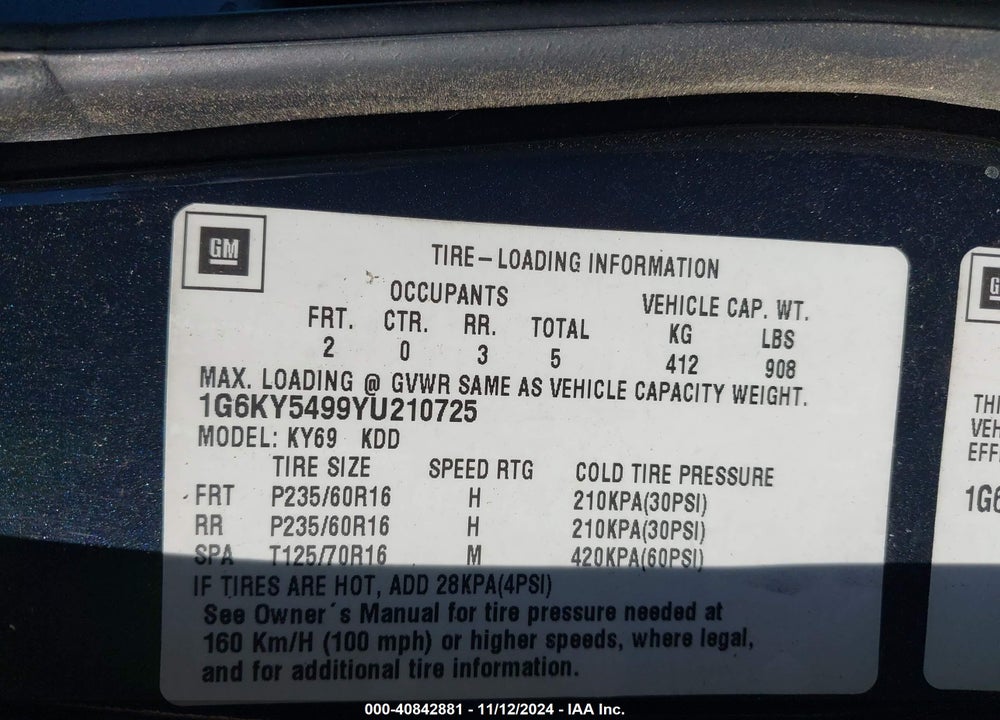 2000 CADILLAC SEVILLE STS VIN: 1G6KY5499YU210725