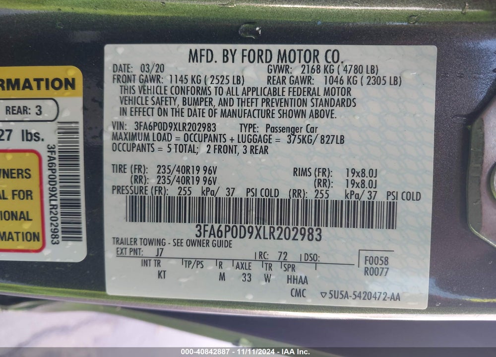 2020 FORD FUSION TITANIUM VIN: 3FA6P0D9XLR202983