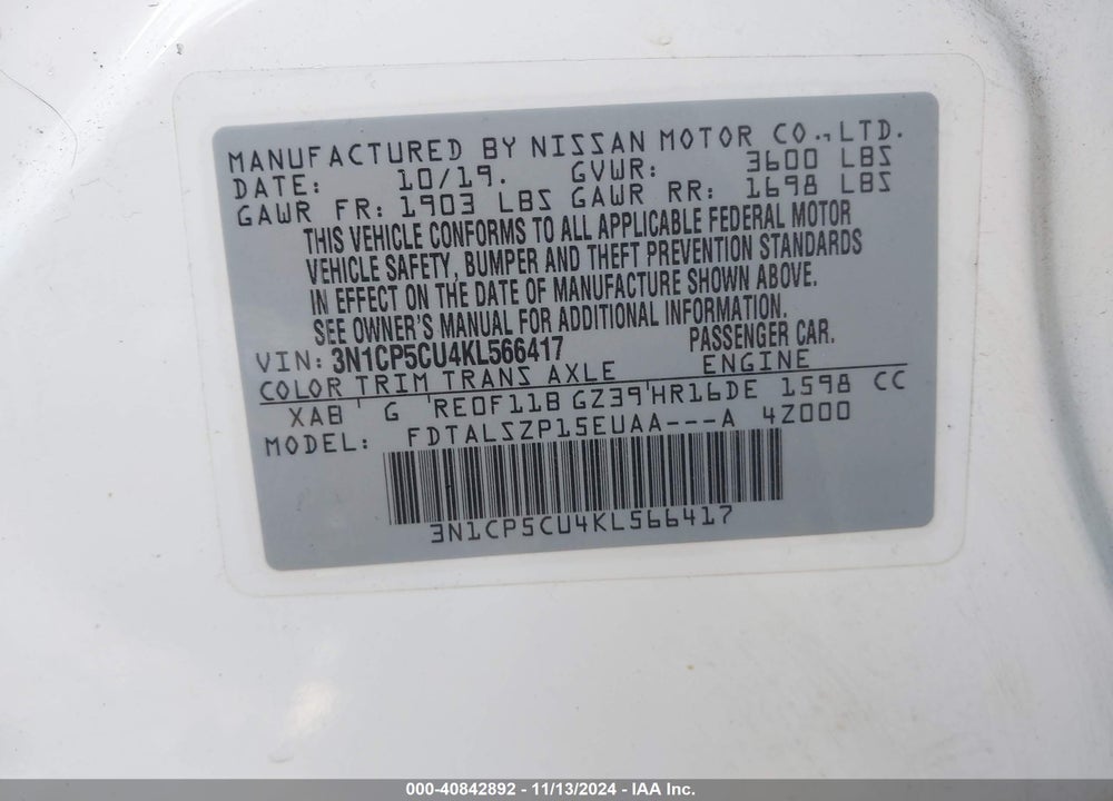 2019 NISSAN KICKS SV VIN: 3N1CP5CU4KL566417