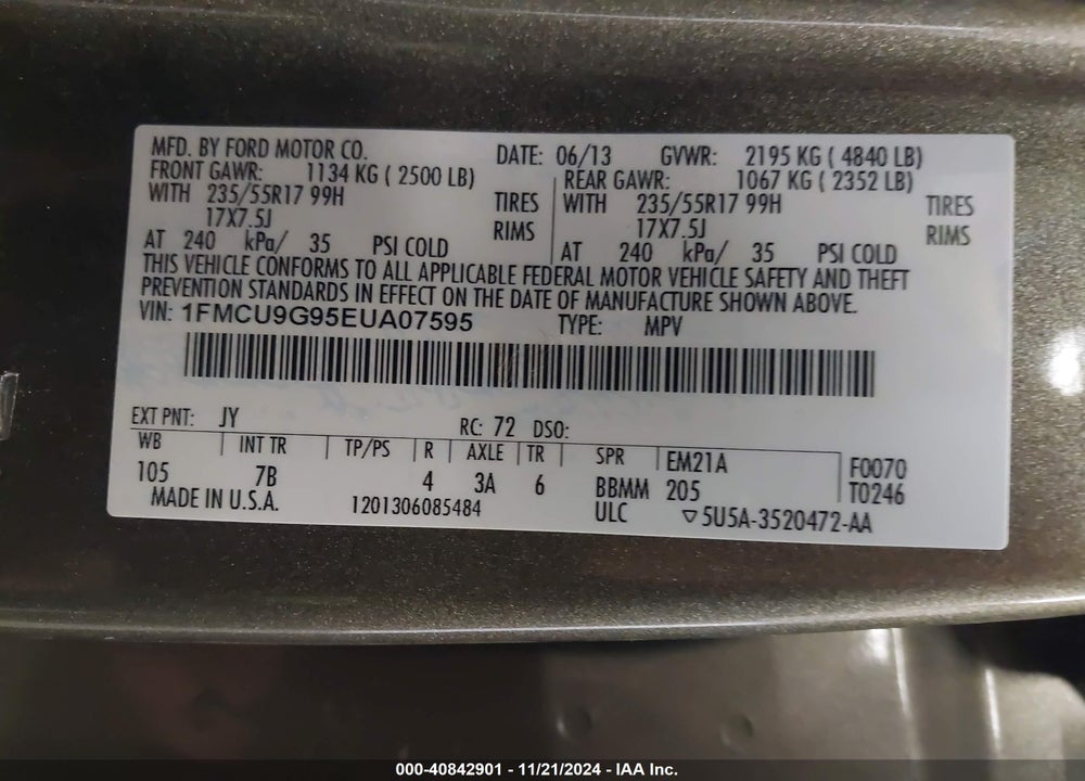 2014 FORD ESCAPE SE VIN: 1FMCU9G95EUA07595