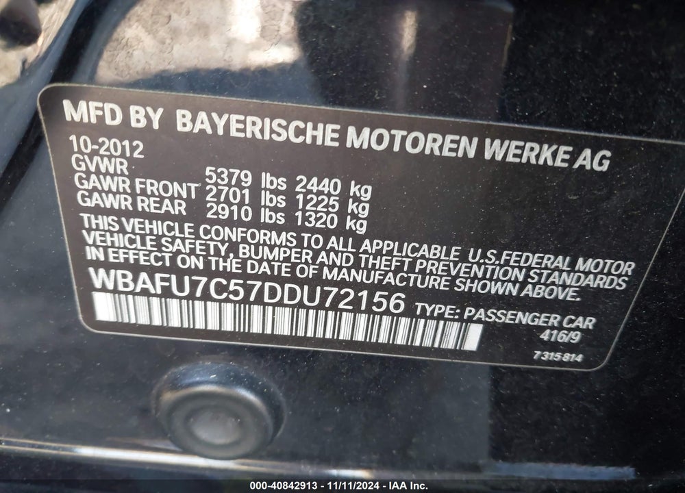 2013 BMW 535I XDRIVE VIN: WBAFU7C57DDU72156