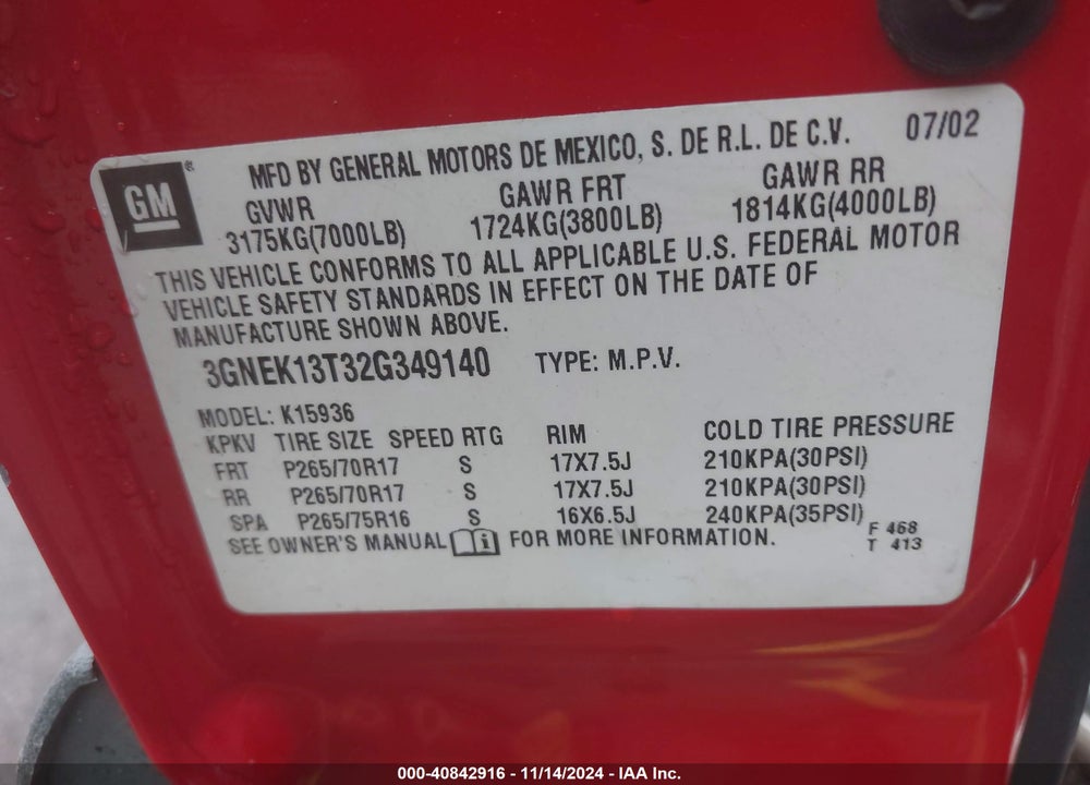 2002 CHEVROLET AVALANCHE 1500 VIN: 3GNEK13T32G349140