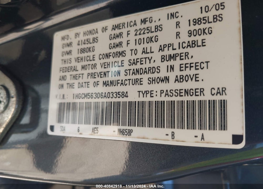 2006 HONDA ACCORD 2.4 SE VIN: 1HGCM56306A033584