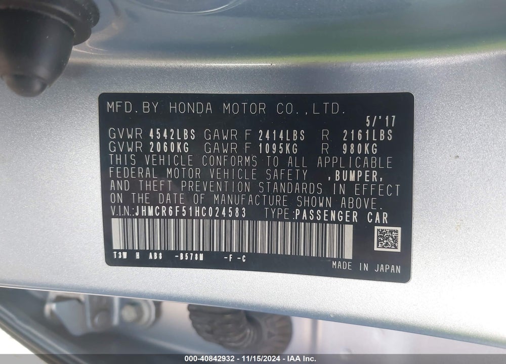 2017 HONDA ACCORD HYBRID VIN: JHMCR6F51HC024583