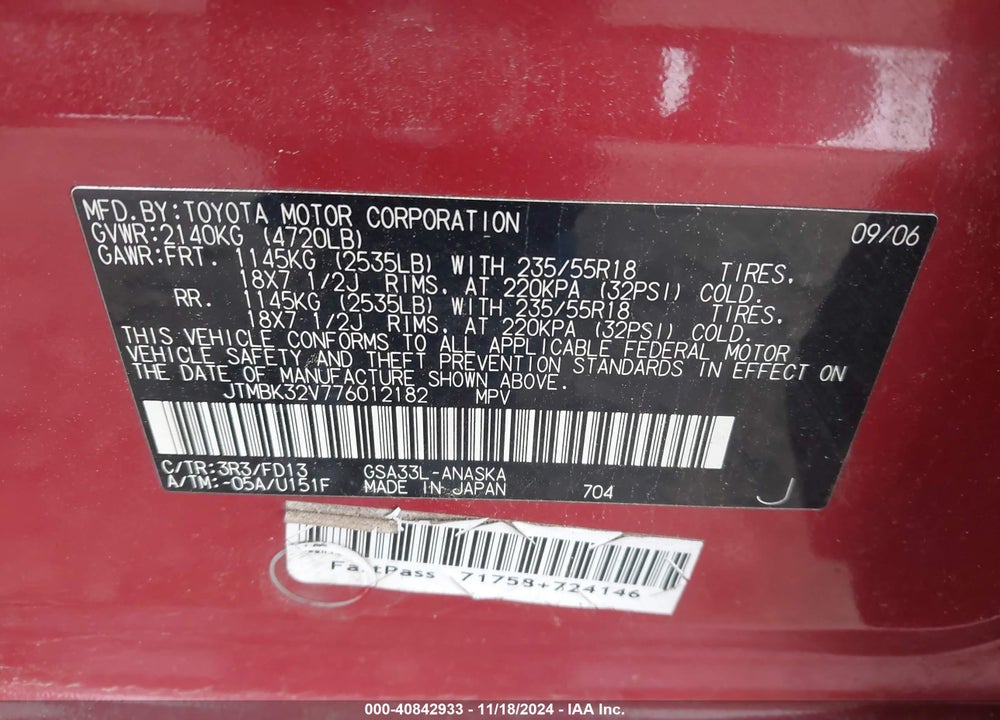 2007 TOYOTA RAV4 SPORT V6 VIN: JTMBK32V776012182