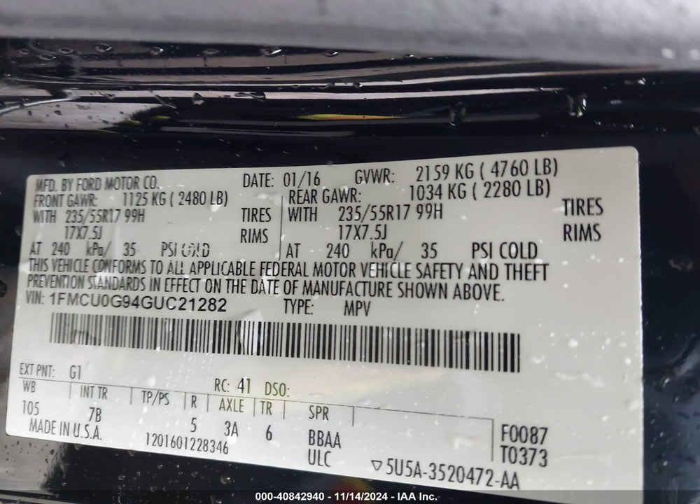 2016 FORD ESCAPE SE VIN: 1FMCU0G94GUC21282