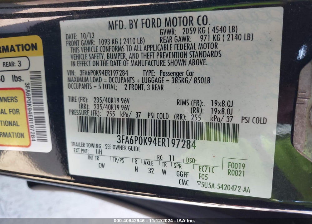 2014 FORD FUSION VIN: 3FA6P0K94ER197284