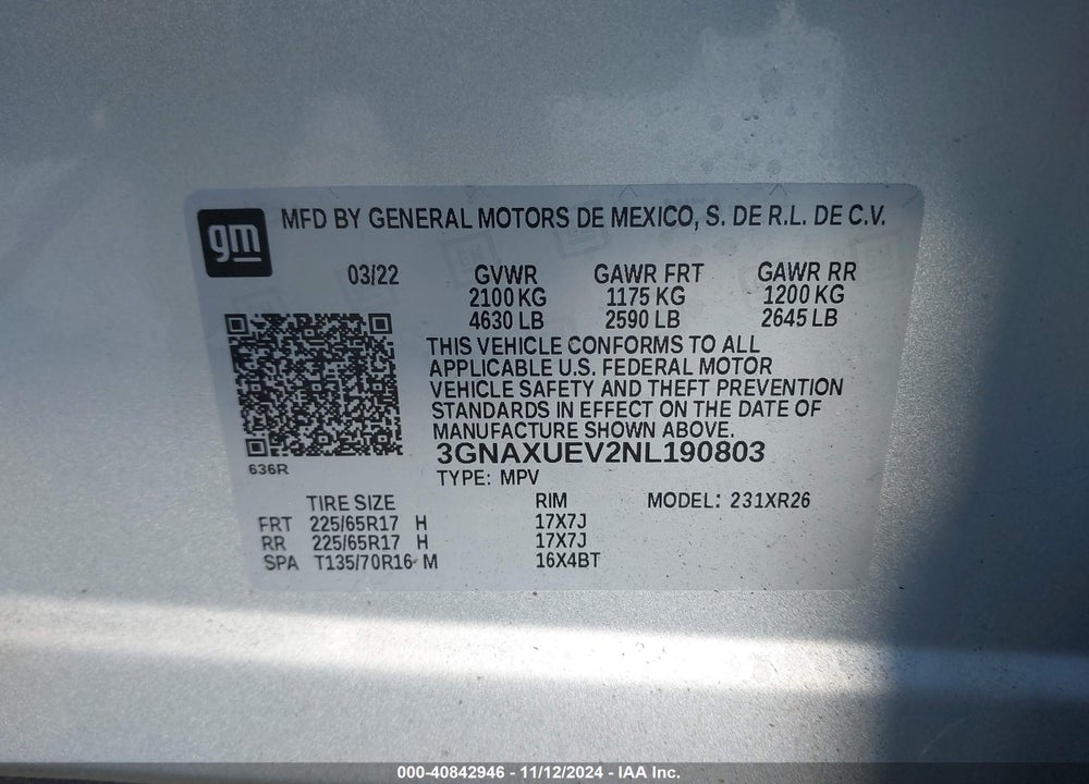 2022 CHEVROLET EQUINOX AWD LT VIN: 3GNAXUEV2NL190803