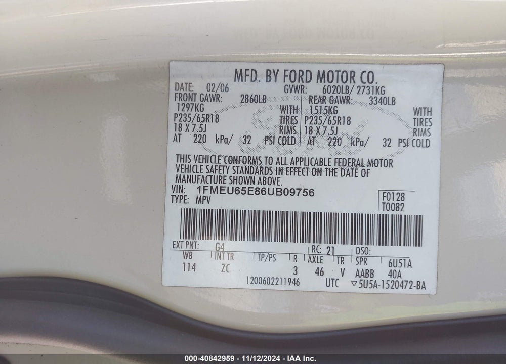 2006 FORD EXPLORER LIMITED VIN: 1FMEU65E86UB09756