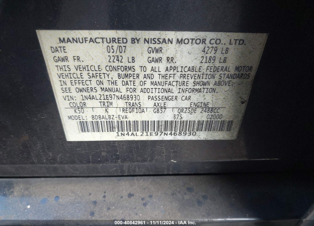 2007 NISSAN ALTIMA 2.5 S VIN: 1N4AL21E97N468930