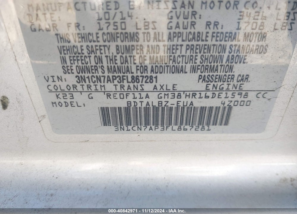 2015 NISSAN VERSA 1.6 SV VIN: 3N1CN7AP3FL867281