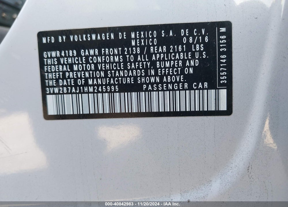 2017 VOLKSWAGEN JETTA 1.4T S VIN: 3VW2B7AJ1HM245995
