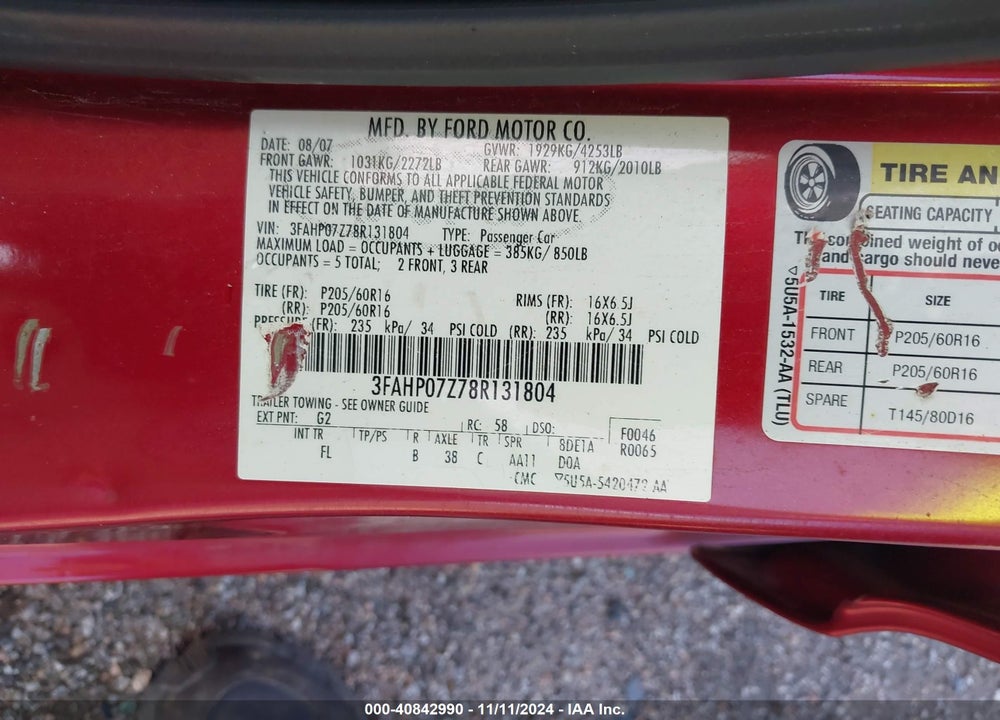 2008 FORD FUSION SE VIN: 3FAHP07Z78R131804
