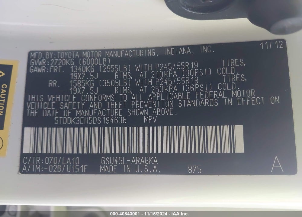 2013 TOYOTA HIGHLANDER LIMITED V6 VIN: 5TDDK3EH5DS194636