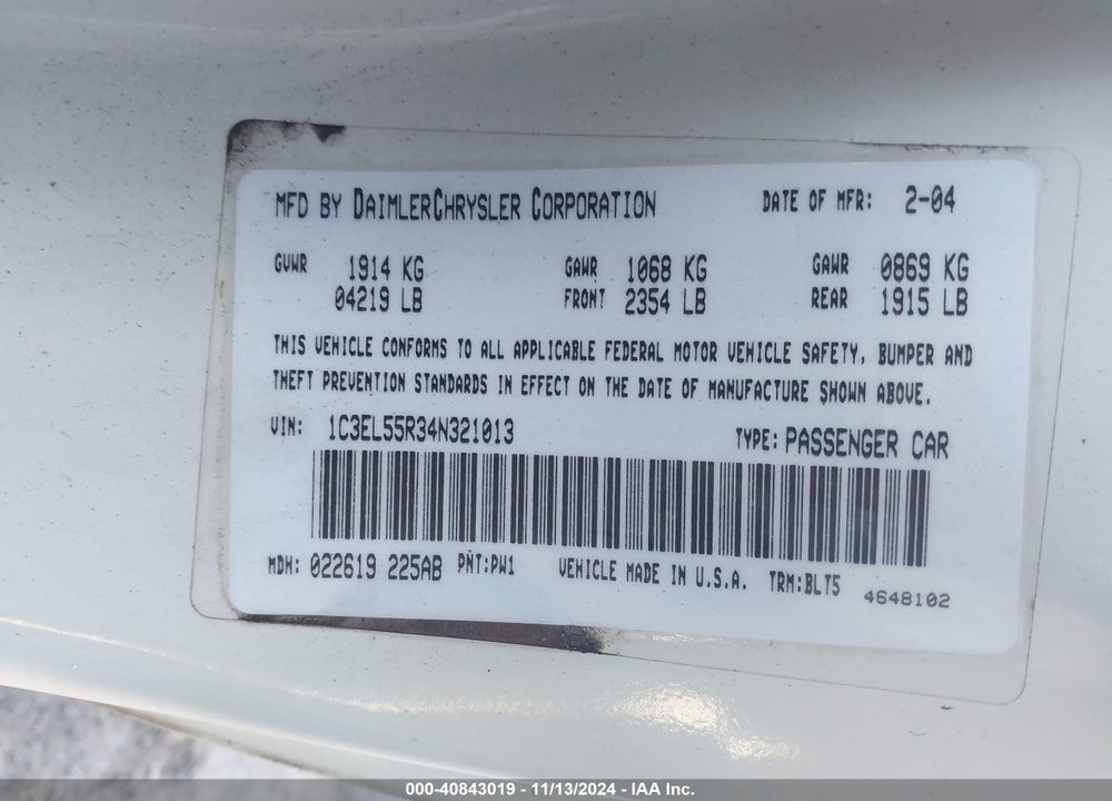 2004 CHRYSLER SEBRING LXI VIN: 1C3EL55R34N321013
