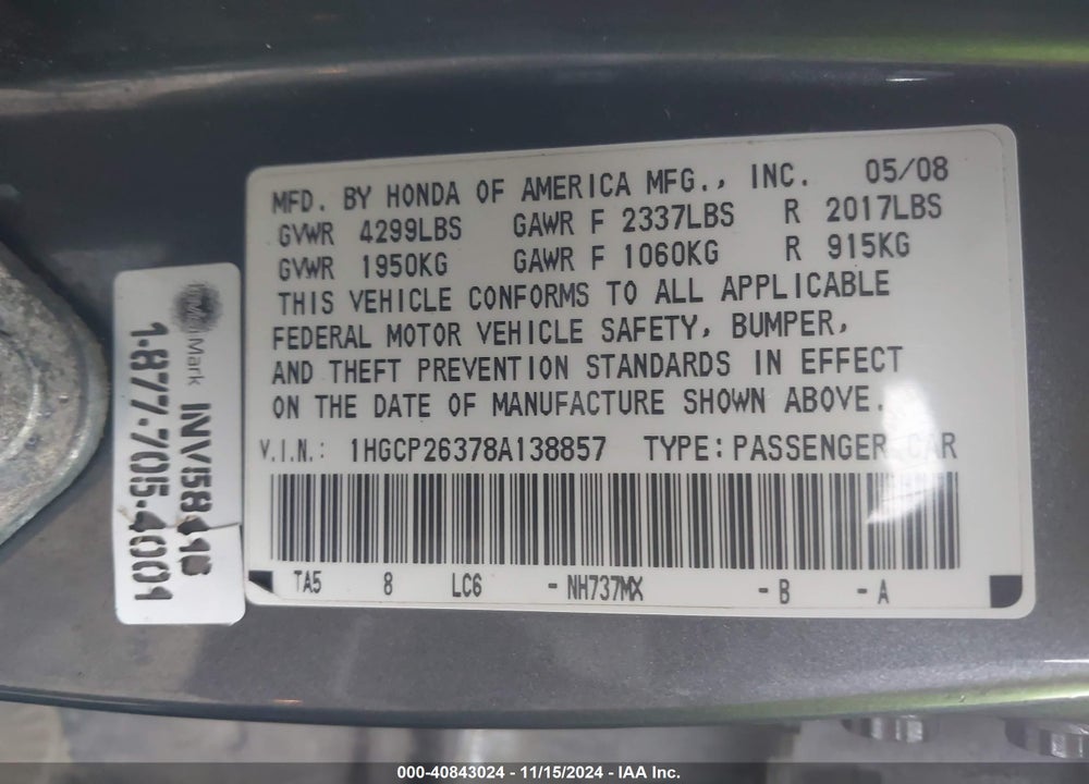 2008 HONDA ACCORD 2.4 LX VIN: 1HGCP26378A138857