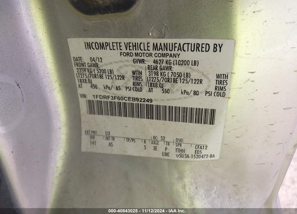 2012 FORD F-350 CHASSIS XL VIN: 1FDRF3F60CEB92249