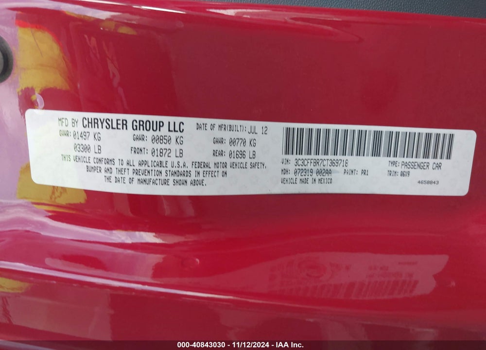 2012 FIAT 500 VIN: 3C3CFFBR7CT369718