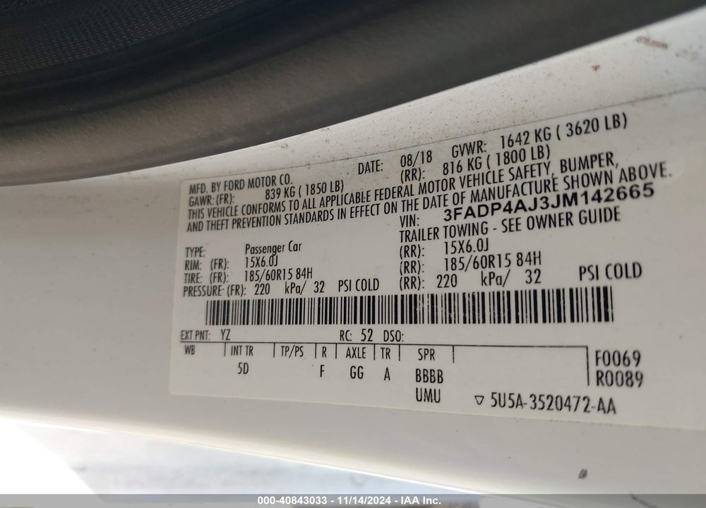 2018 FORD FIESTA S VIN: 3FADP4AJ3JM142665