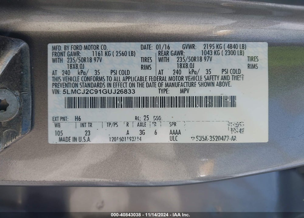 2016 LINCOLN MKC SELECT VIN: 5LMCJ2C91GUJ26833