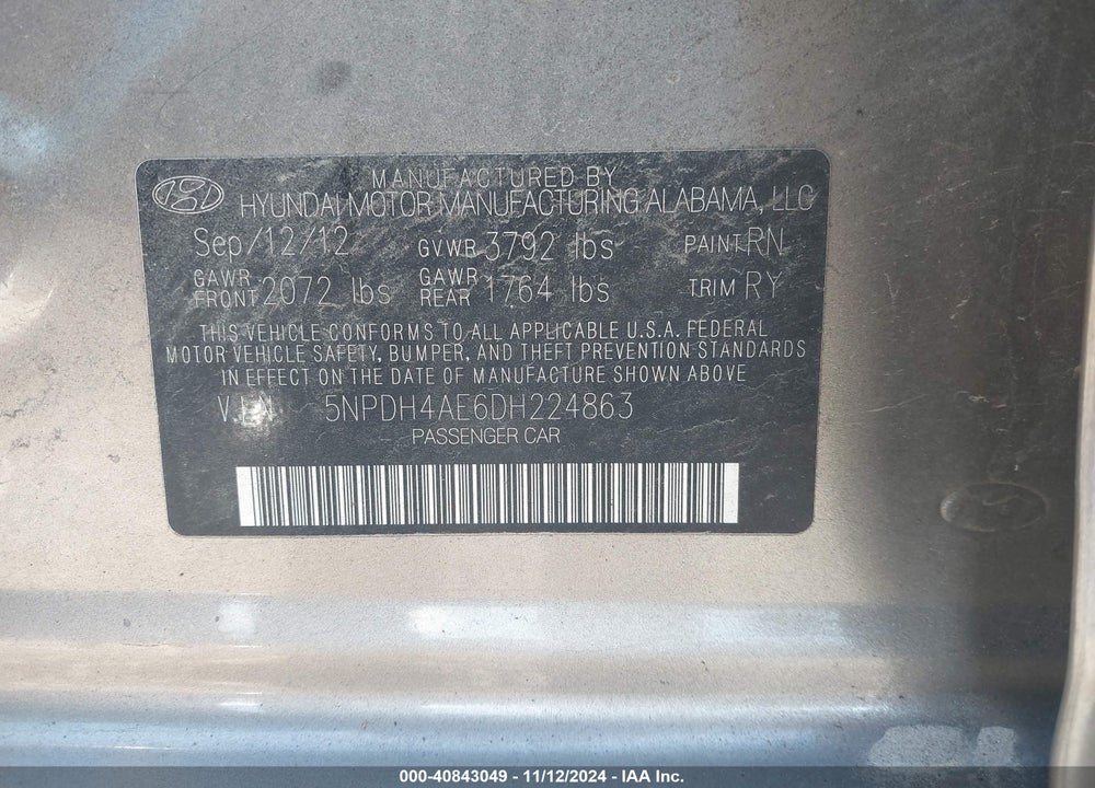 2013 HYUNDAI ELANTRA LIMITED VIN: 5NPDH4AE6DH224863