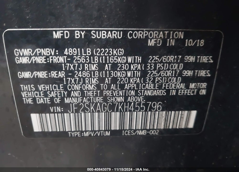2019 SUBARU FORESTER PREMIUM VIN: JF2SKAGC7KH455796