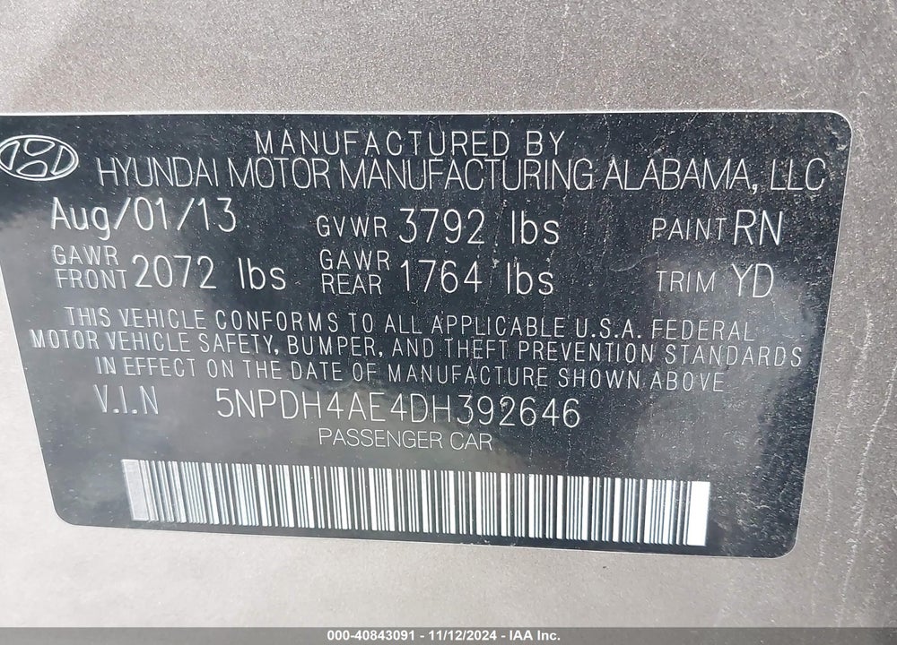 2013 HYUNDAI ELANTRA VIN: 5NPDH4AE4DH392646