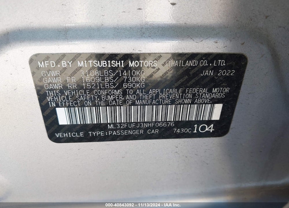 2022 MITSUBISHI MIRAGE G4 BLACK EDITION/ES/LE VIN: ML32FUFJ3NHF06676