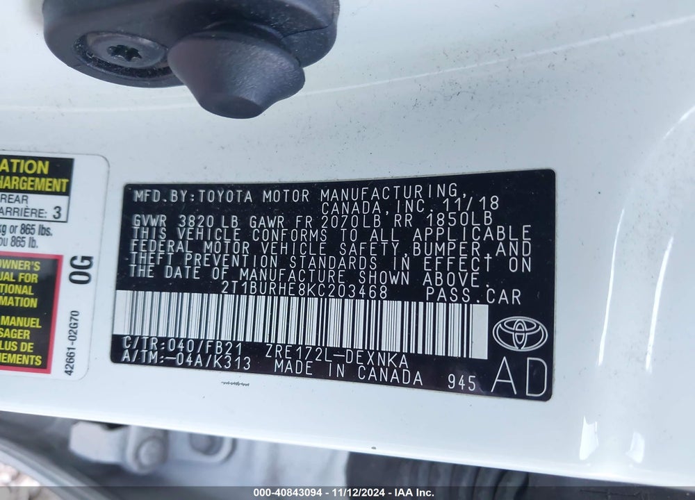 2019 TOYOTA COROLLA VIN: 2T1BURHE8KC203468