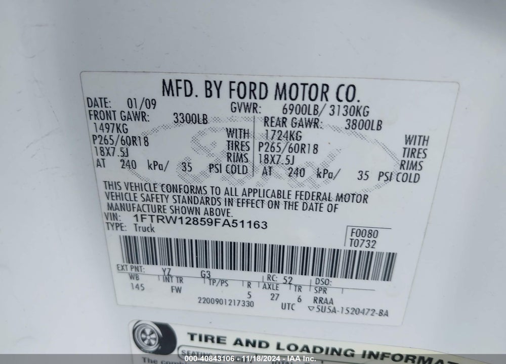 2009 FORD F-150 XL/XLT VIN: 1FTRW12859FA51163