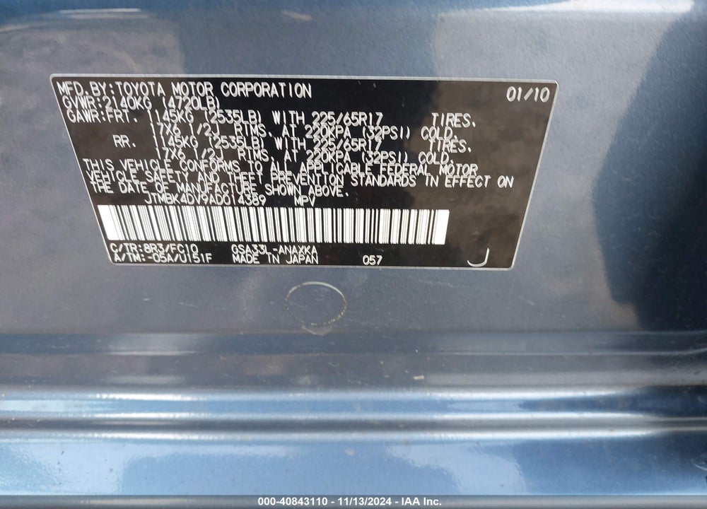 2010 TOYOTA RAV4 BASE V6 VIN: JTMBK4DV9AD014389