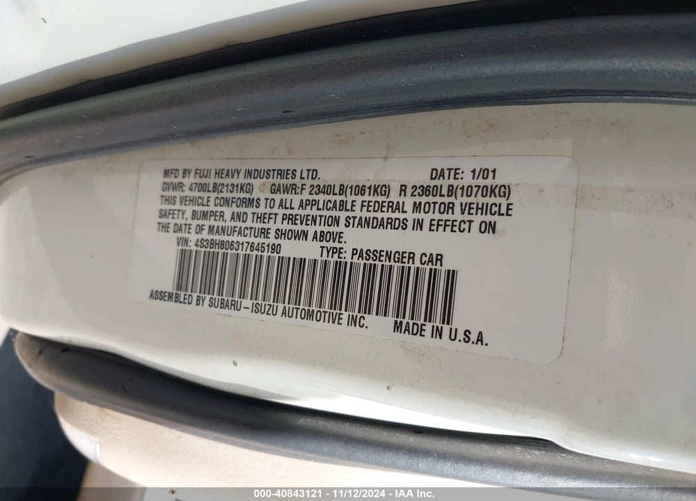 2001 SUBARU OUTBACK H6-3.0 VIN: 4S3BH806317645190