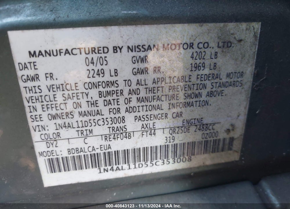 2005 NISSAN ALTIMA 2.5 S VIN: 1N4AL11D55C353008