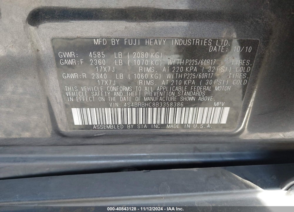 2011 SUBARU OUTBACK 2.5I PREMIUM VIN: 4S4BRBHC8B3358386