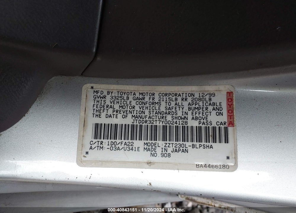 2000 TOYOTA CELICA GT VIN: JTDDR32T7Y0024128