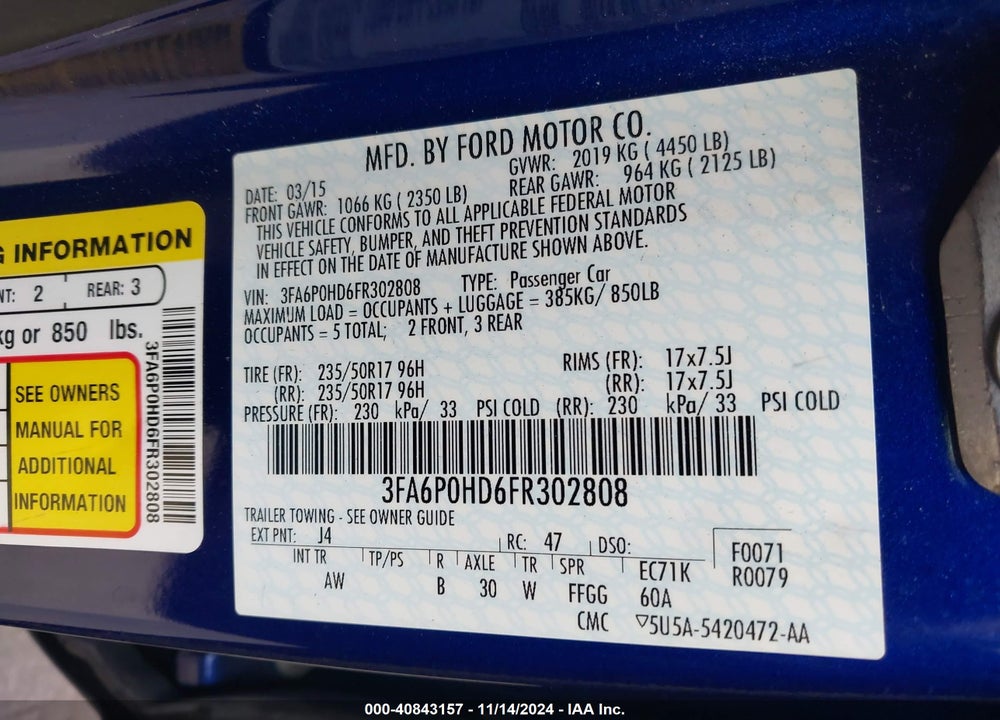 2015 FORD FUSION SE VIN: 3FA6P0HD6FR302808