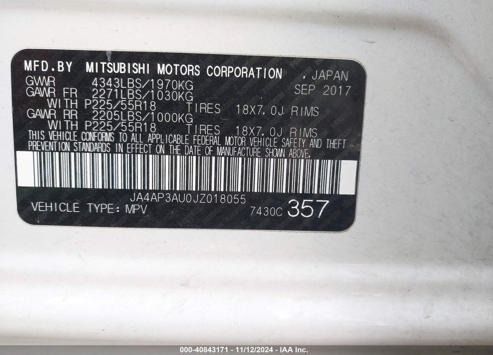 2018 MITSUBISHI OUTLANDER SPORT 2.0 ES VIN: JA4AP3AU0JZ018055