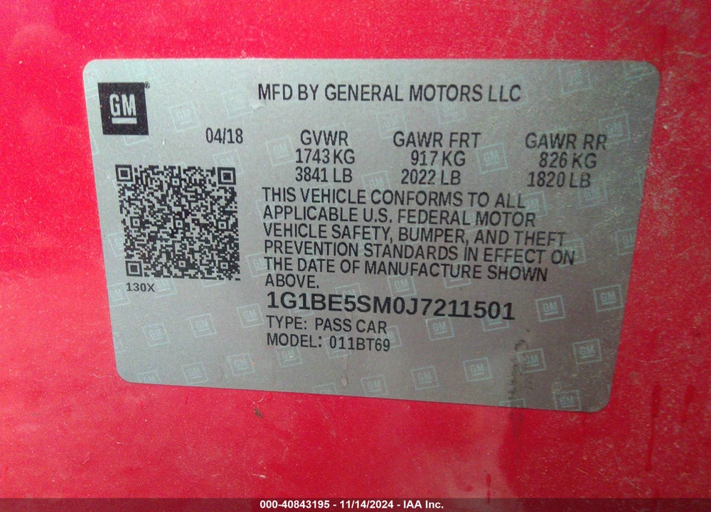 2018 CHEVROLET CRUZE LT AUTO VIN: 1G1BE5SM0J7211501