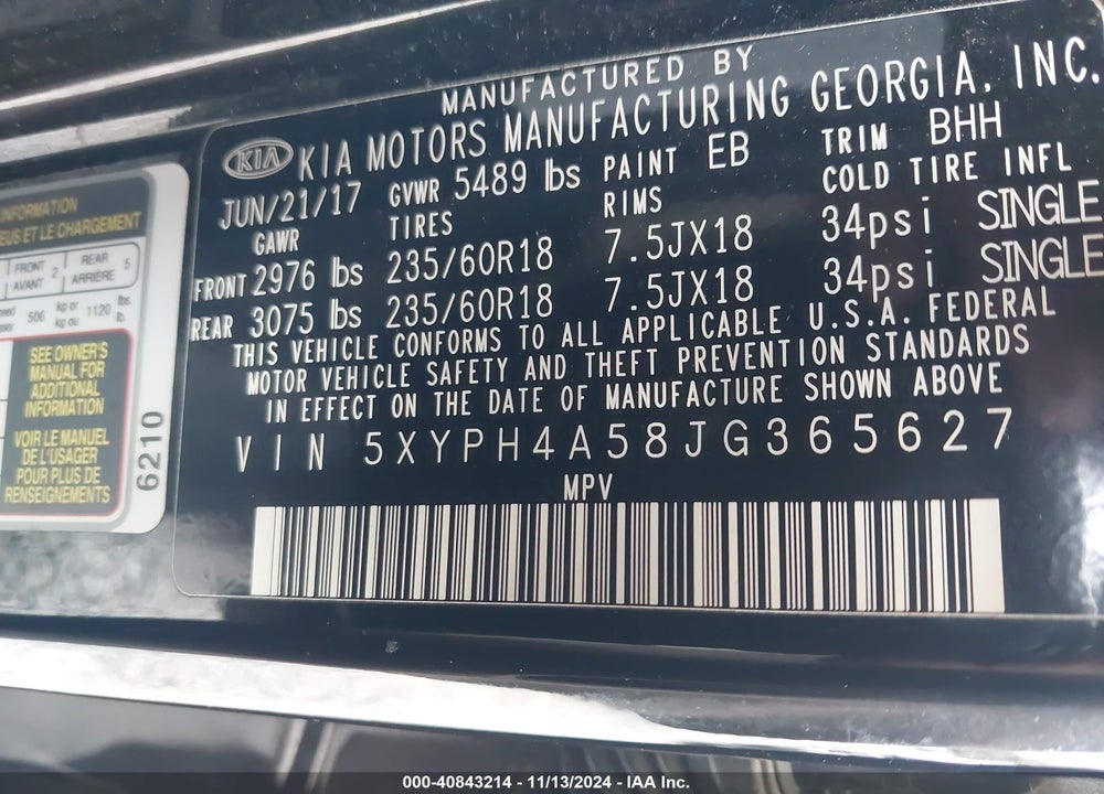 2018 KIA SORENTO 3.3L EX VIN: 5XYPH4A58JG365627